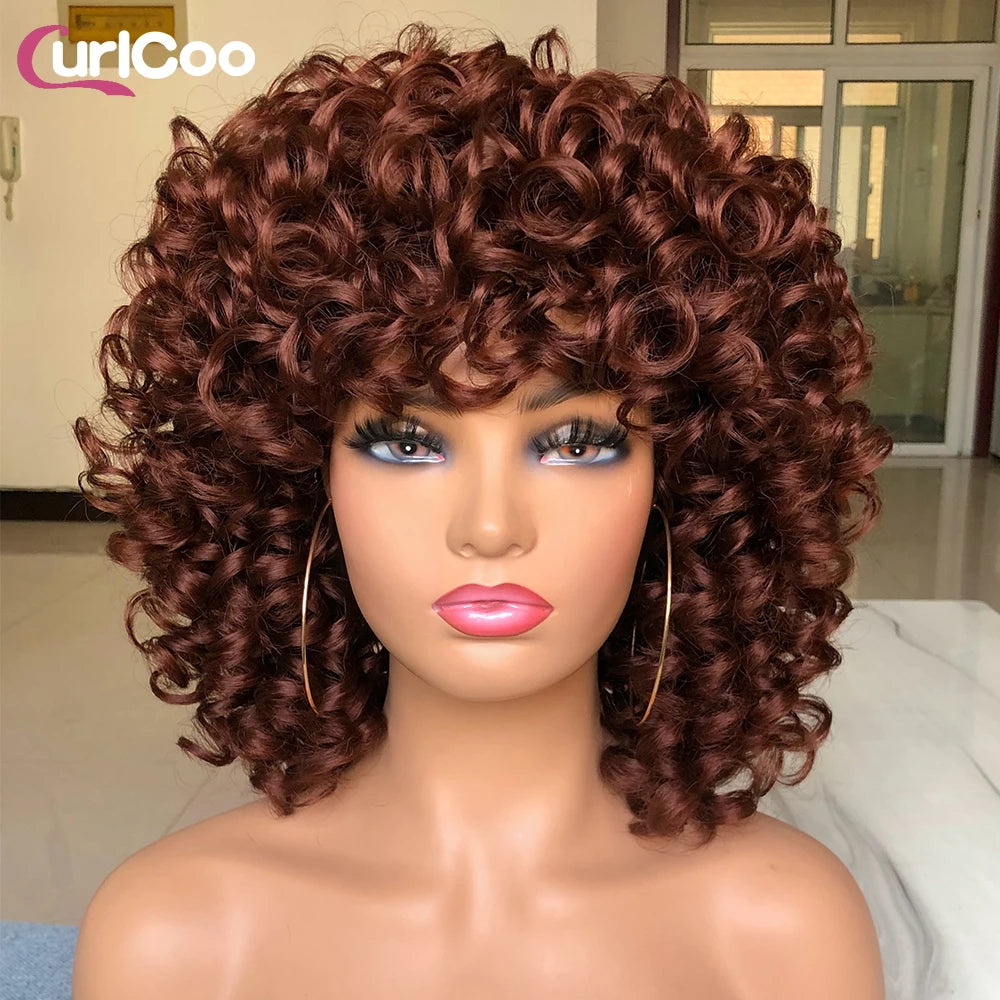 Short Hair Afro Curly Wig Natural Blonde Hair Wigs with Bangs Fluffy Synthetic Ombre Cosplay Lolita Wigs For Black Women