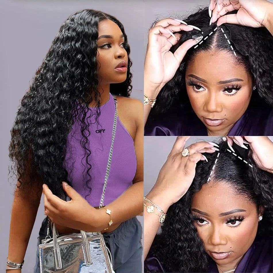 30 Inch Curly V Part Wig Human Hair Brazilian Virgin Human Hair Wig  Upgrade U Part Wig Glueless V Shape Wig Natural Black Color