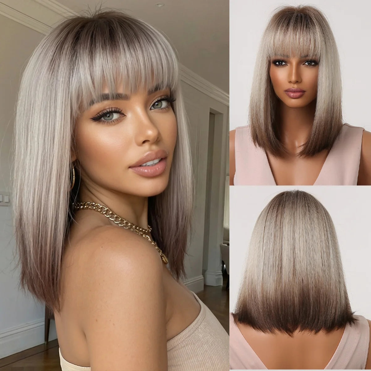 Straight Black Bob Synthetic Wig with Bangs Medium Long Cosplay Layered Hair Wigs for Woman Natural Hair Daily Wigs Hair Style Heat Resistant