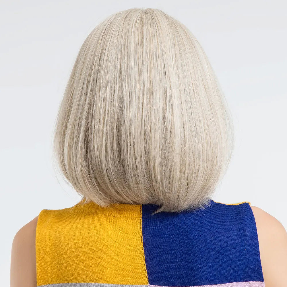 Short Bob Platinum Blonde Wig with Bangs Synthetic Natural Straight Blonde Hair Wigs for White Women Party Daily Heat Resistant Hair Style