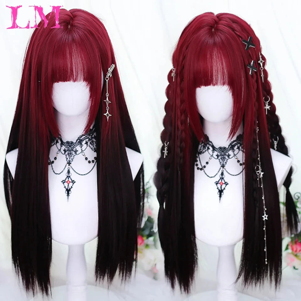LM Cosplay Wig With Bangs Synthetic Straight Hair Wigs 24 Inch Long Heat-Resistant Pink Hair Style For Women