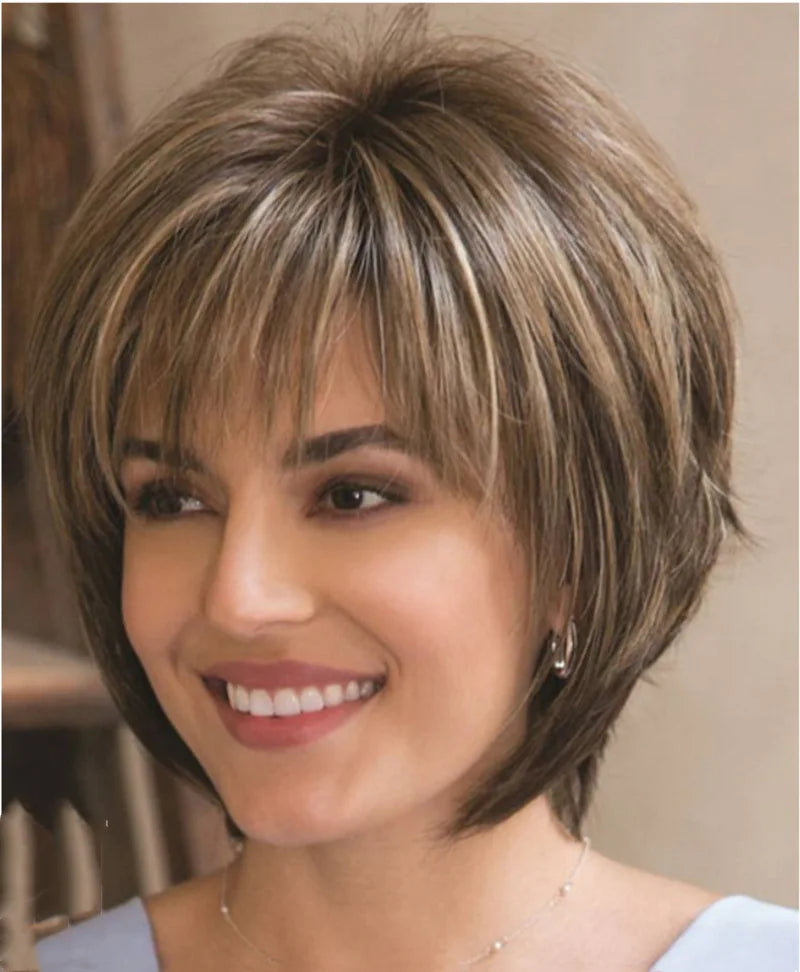 Short Hair Wigs with Bangs Dark Brown Mixed Blonde Pixie Cut Wig for Women Straight Synthetic Fiber Wigs Hair