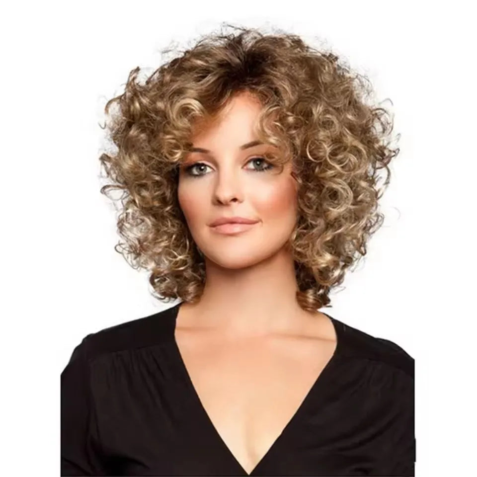 SuQ Classic Curly Wig Synthetic Natural For Women Hair Wigs Cosplay Brown With Blonde Heat Resistant Daily Wigs