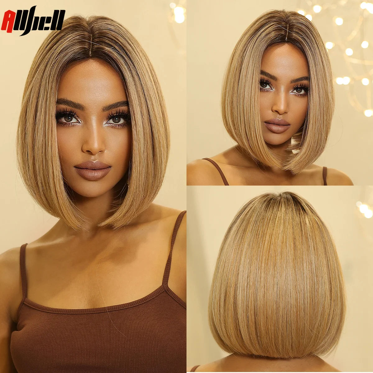 Medium Length Chestnut Brown Synthetic Wigs Hair Middle Part Wine Red Highlights Straight Wig Heat Resistant for Women Party Cosplay