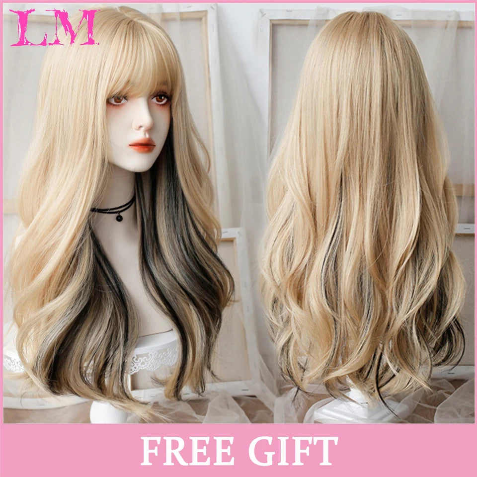 LM Cosplay Wig With Bangs Synthetic Straight Hair Wigs 24 Inch Long Heat-Resistant Pink Hair Style For Women