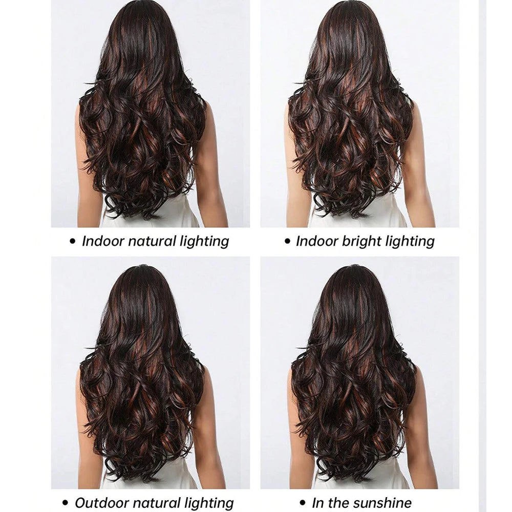 26in Highlight Brown Wave Curly Wigs Heat Resistant Synthetic Hair Style Wigs for Women Natural Look for Cosplay, Daily Use Halloween Party