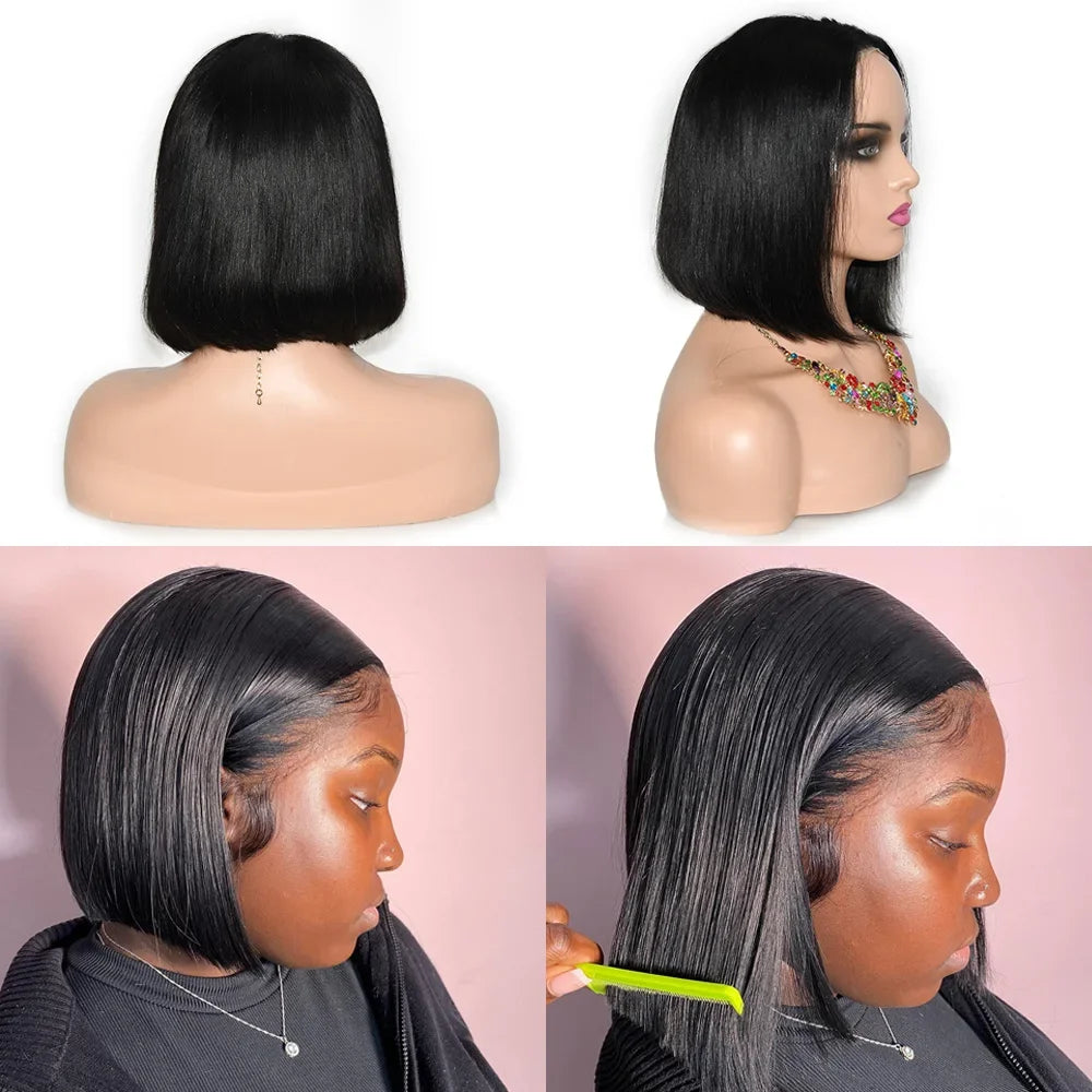 Straight Glueless Wig Human Hair Ready To Wear Short Bob Wigs Hair For Women Transparent Pre Cut 4x4 Human Hair Wigs Bleached Knots