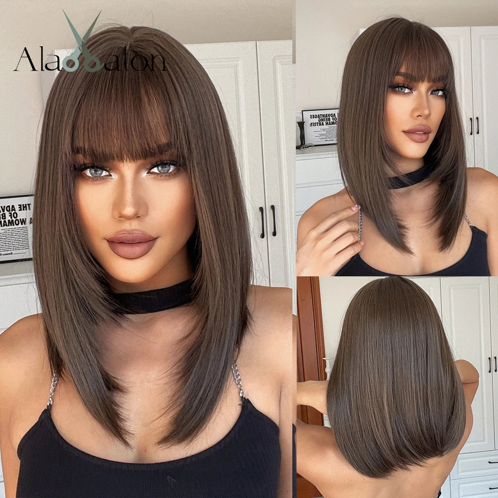 ALAN EATON Layered Synthetic Wig with Bangs Straight Short Highlights Blonde Hair Wigs with for Women Daily Use