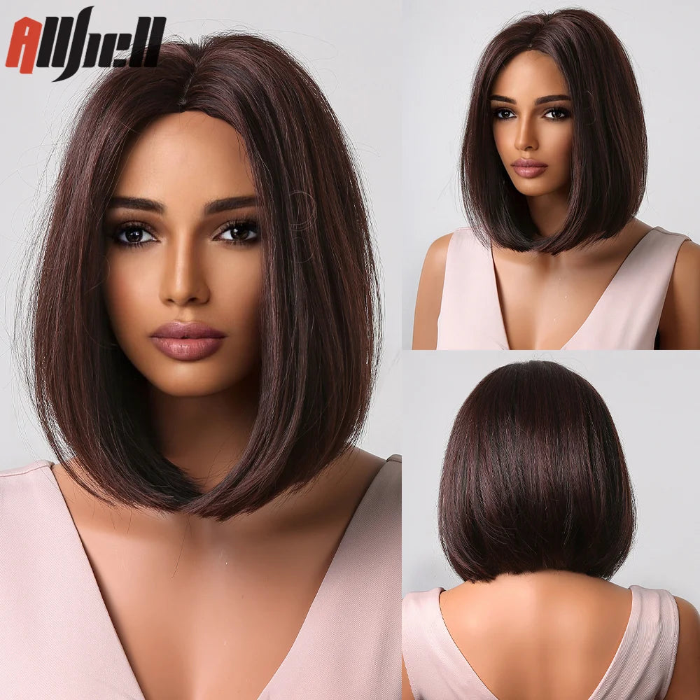 Medium Length Chestnut Brown Synthetic Wigs Hair Middle Part Wine Red Highlights Straight Wig Heat Resistant for Women Party Cosplay