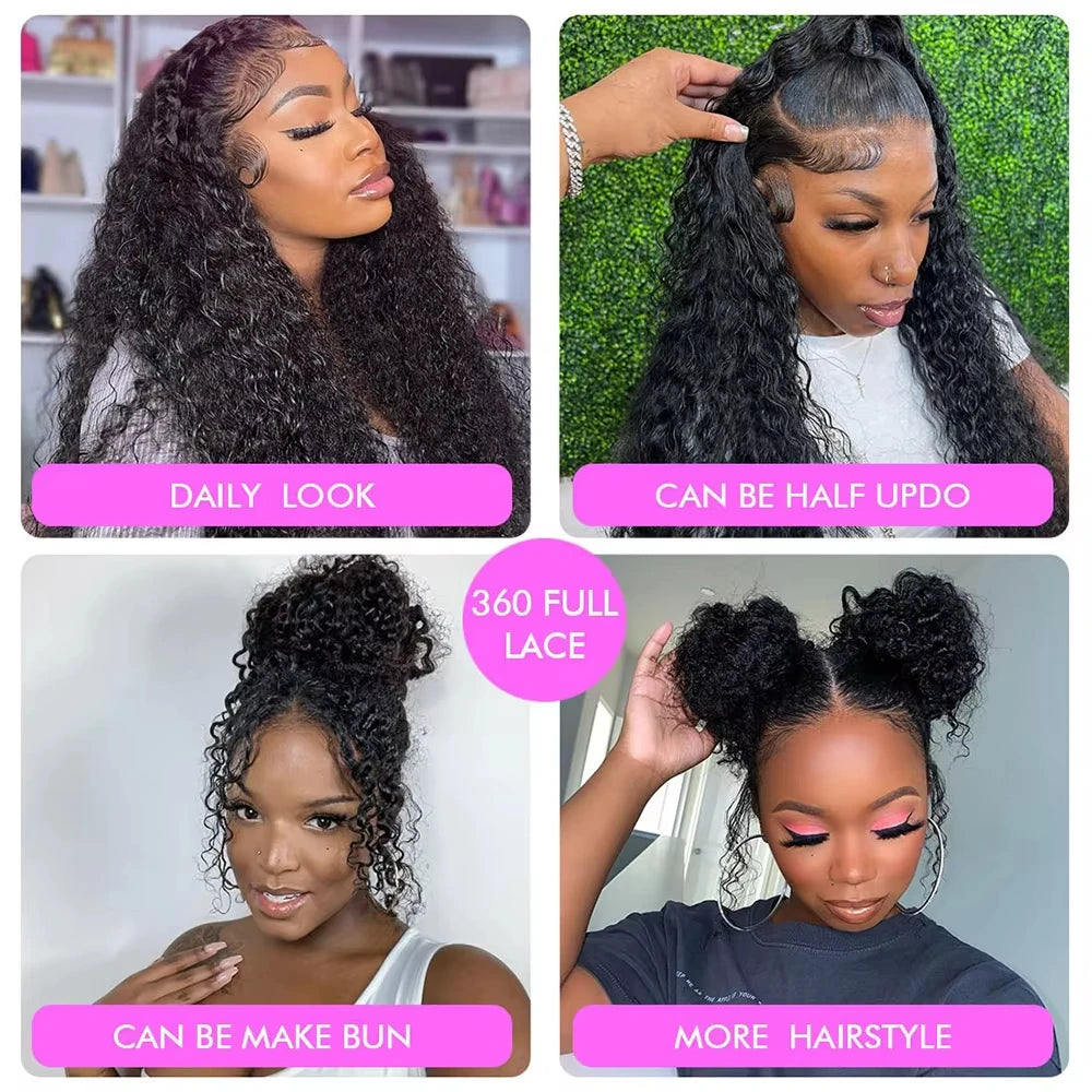 Nexora Curly Wigs 1b Black Wig Water Wave 360 human hair full lace wig Deep Wave Inviscid Strap Glueless Lace Wigs Bleached Knotted