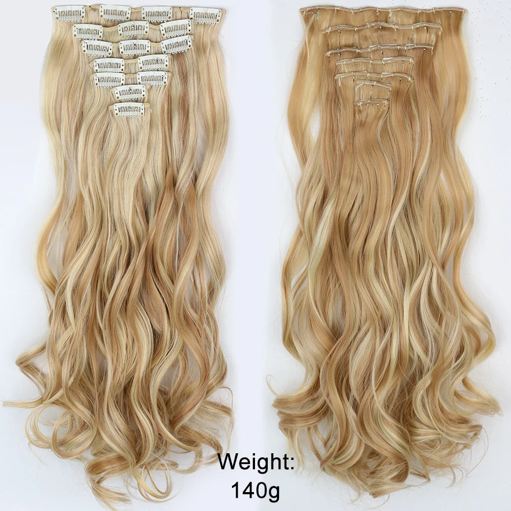 7Pcs/Set 16 Clips Wig Hair Accessories Extension Black Long Straight Natural Hair Wigs Ombre Hairpiece Heat Resistant Fiber For Women Hair Style