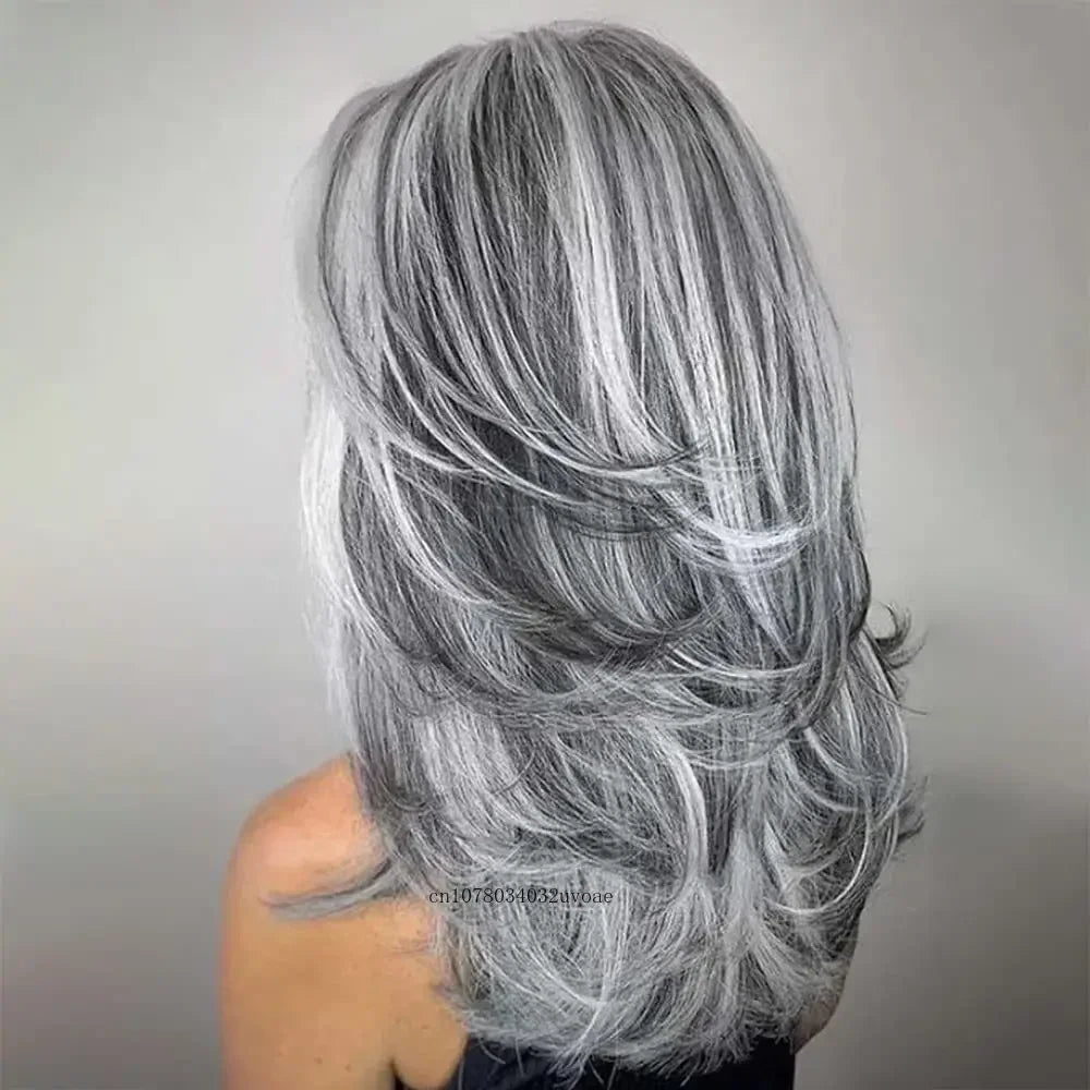 Synthetic Salt and Pepper Wigs with Curtain Bangs Long Hair Style Wig Natural Mix Silver Gray Wigs for White Women Halloween Costume