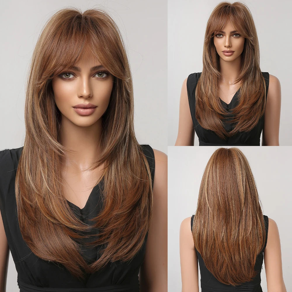 ALAN EATON Long Blonde Wig for Women Synthetic Hair Wigs with Fringe Ombre Color with Dark Roots Layered We Heat Resistant Hair Style
