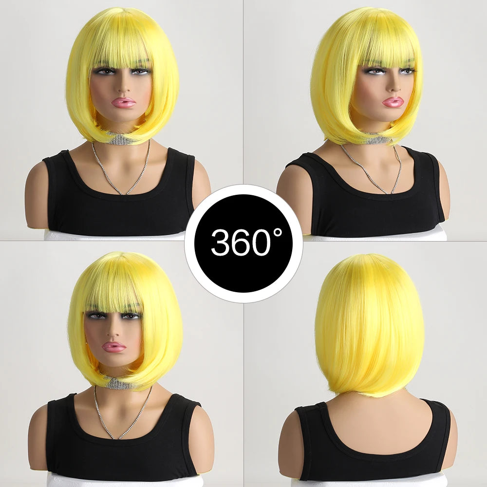 Heat Resistant Short Bob Wig with Bangs for Women Hair Wigs Perfect for Halloween Birthday Costume Party Or Daily Use, Hair Style