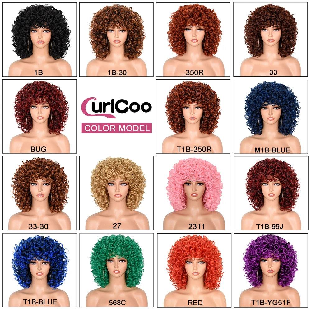 Short Hair Afro Curly Wig Natural Blonde Hair Wigs with Bangs Fluffy Synthetic Ombre Cosplay Lolita Wigs For Black Women