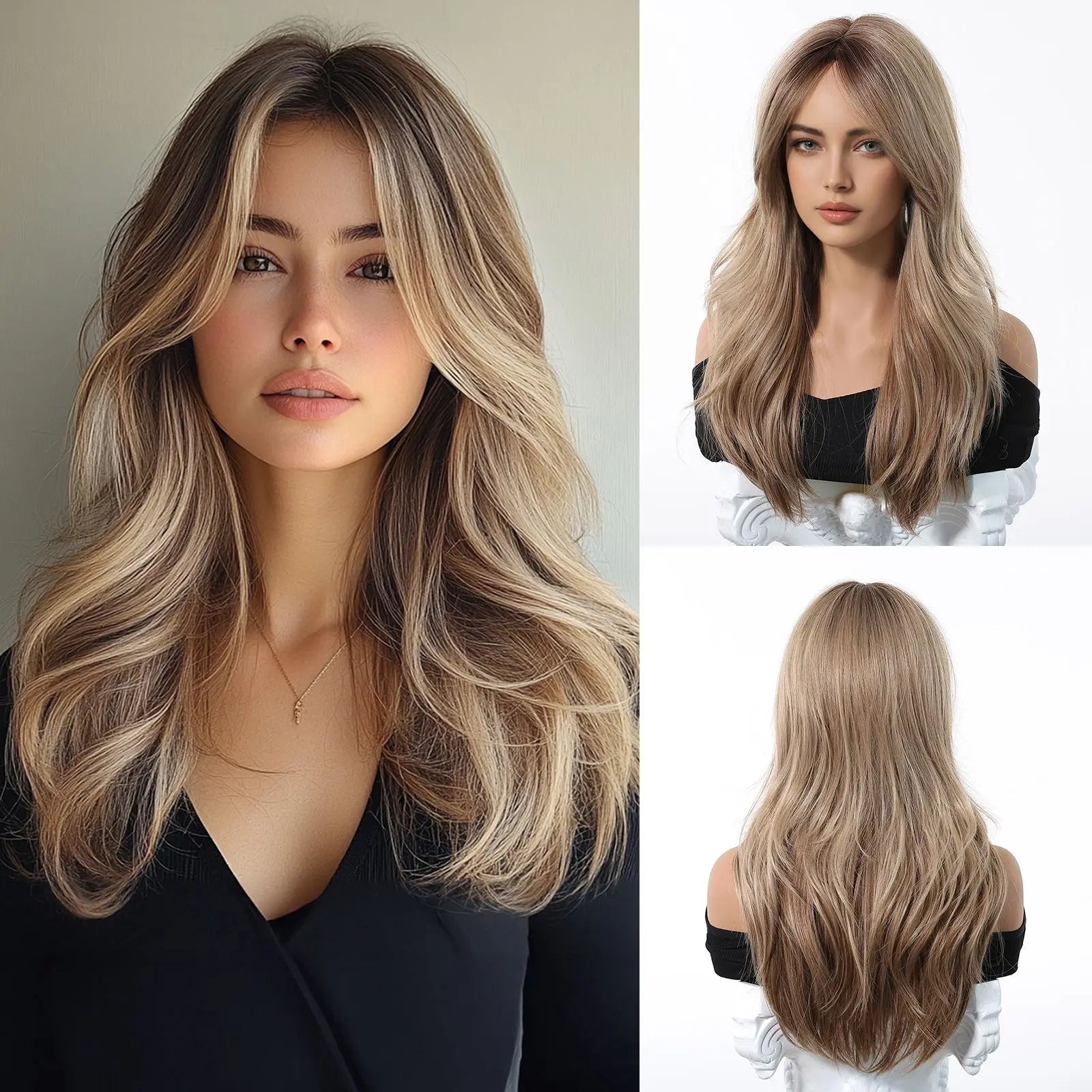 Golden Blonde Mixed Synthetic Wig Dark Root Wavy Hair With Side Bangs for Women Daily Party Cosplay wig Heat Resistant Fiber