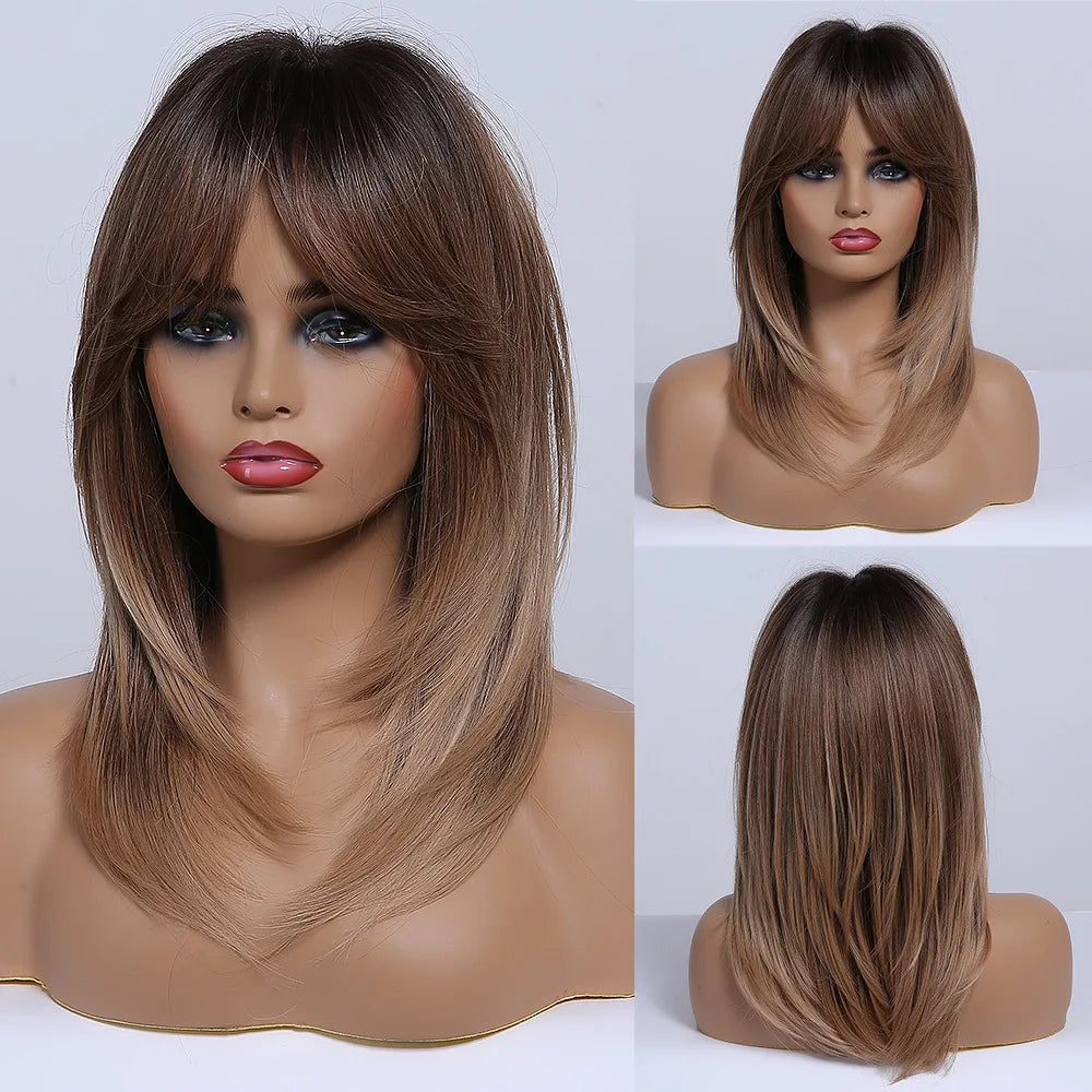 ALAN EATON Long Blonde Wig for Women Synthetic Hair Wigs with Fringe Ombre Color with Dark Roots Layered We Heat Resistant Hair Style