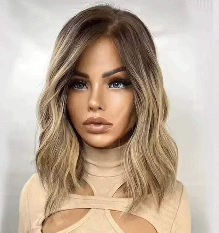 Authentic European Blonde Synthetic Wigs Brown Root short Hair Style Wig Jewish Hair 13x4 Lace Front Wig For Women Daily Party Use