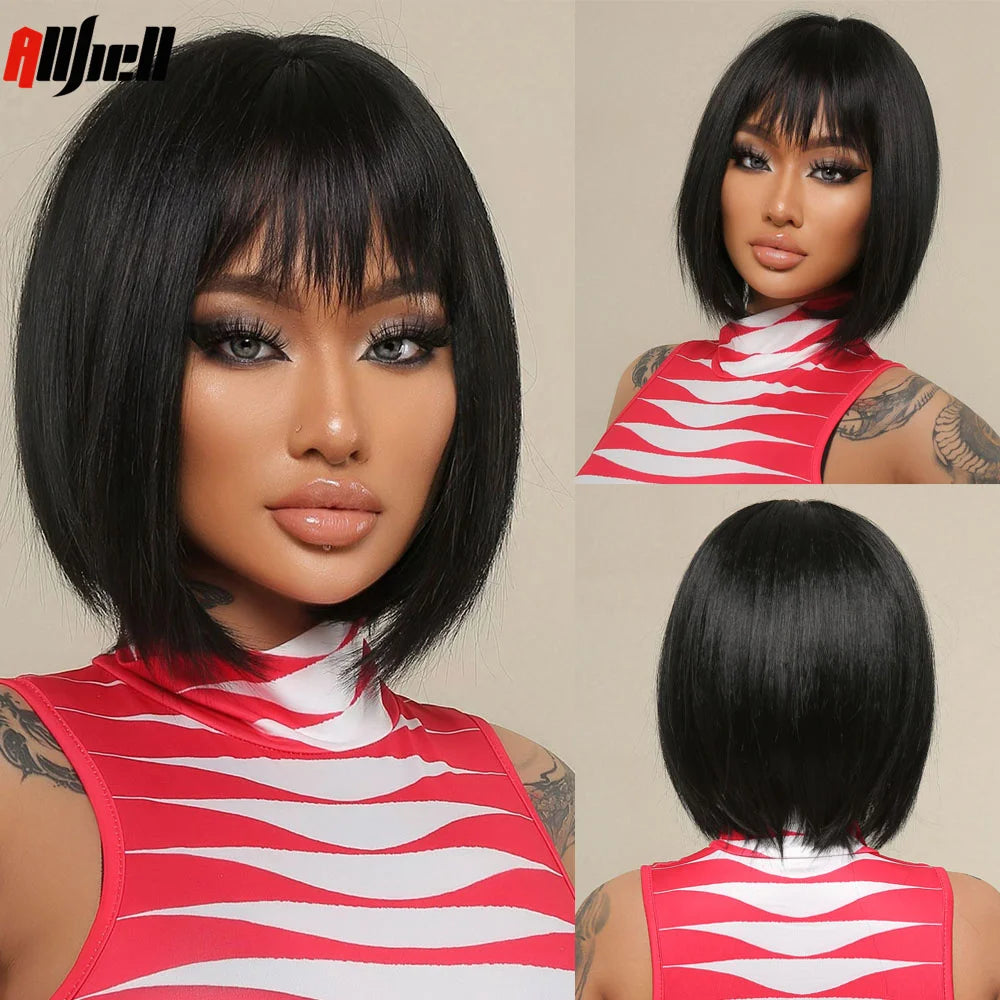 Medium Length Chestnut Brown Synthetic Wigs Hair Middle Part Wine Red Highlights Straight Wig Heat Resistant for Women Party Cosplay