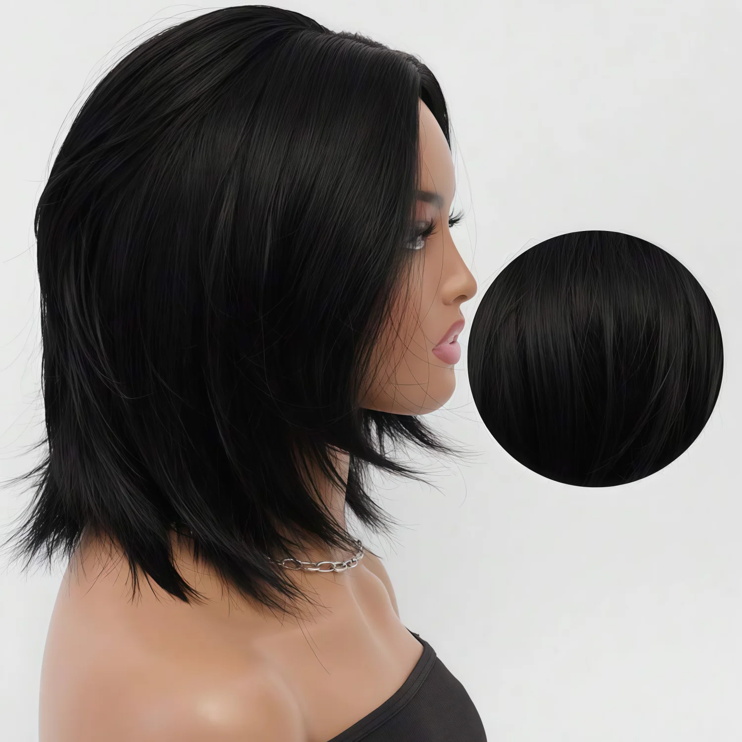 Natural black medium split short wigs Bob shoulder length wig 14 inch layered thin breathable synthetic fiber heat-resistant wigs