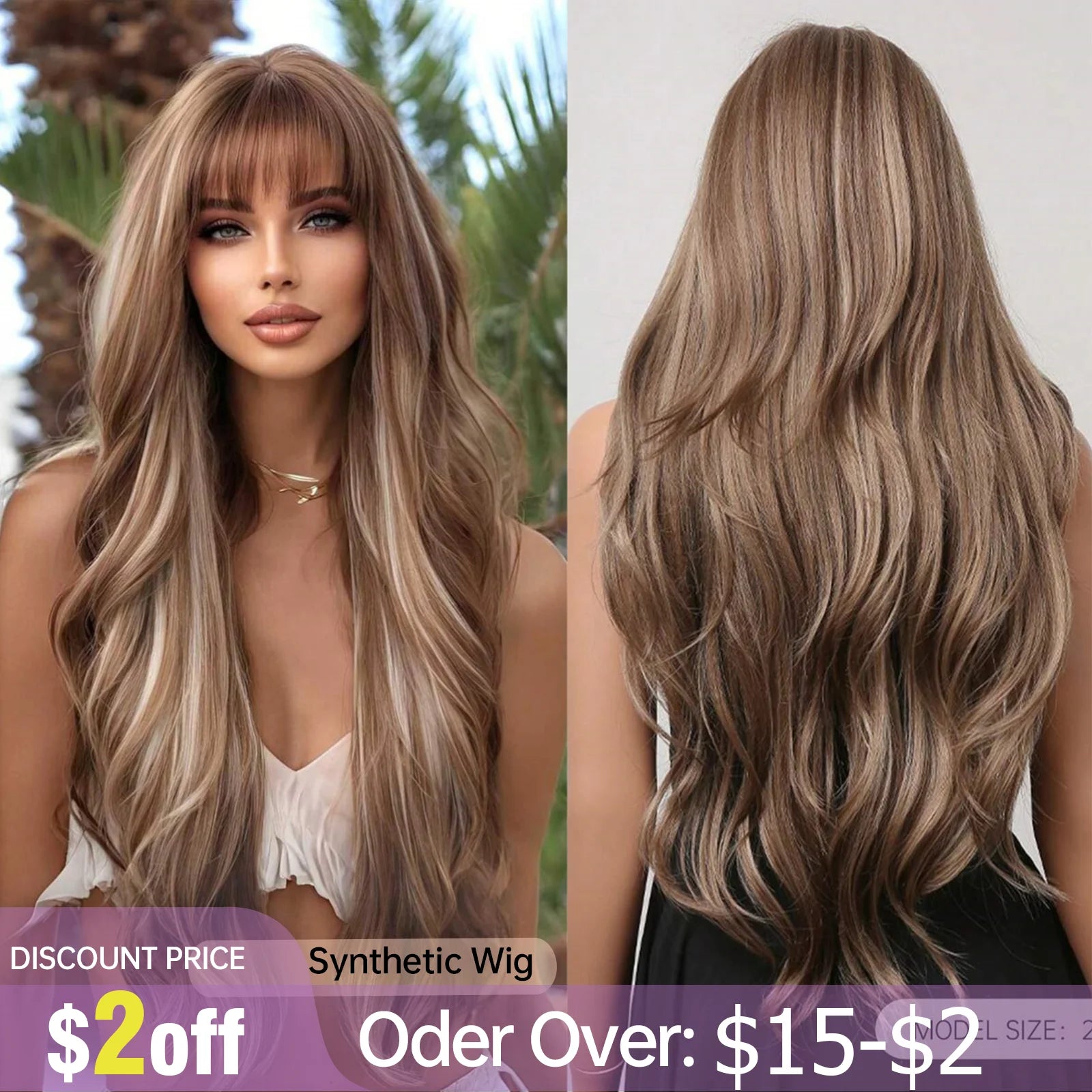 28 Inch Long Curly Wig With Bangs Ombre Brown Hair Style Wigs For Women Highlight Blonde Synthetic Wig For Daily Party Heat Resistant