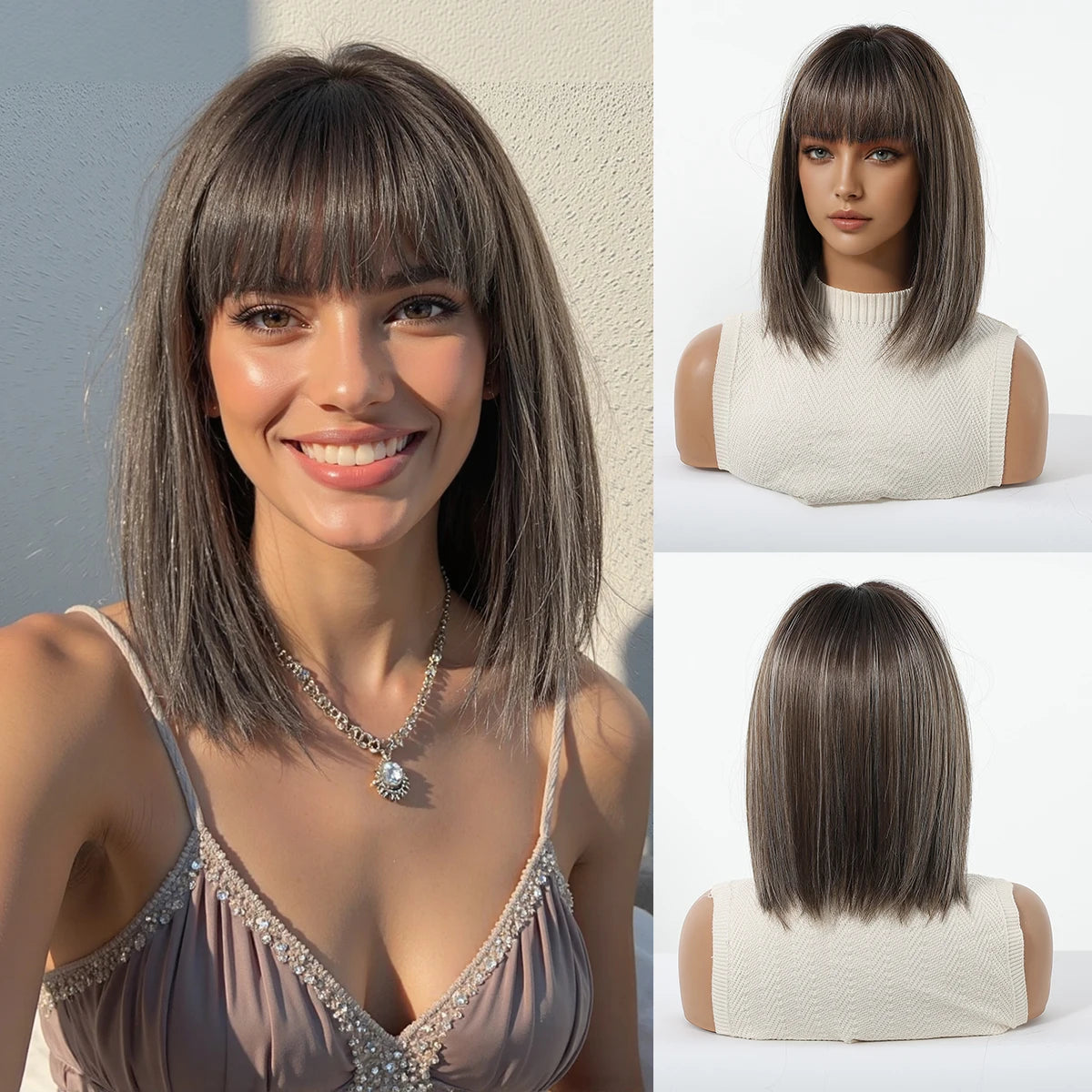EASIHAIR Short Straight Bob Hair Wigs Synthetic Wig for Women Brown Straight Natural Wigs with Eight Character Daily Cosplay for Women Hair Style