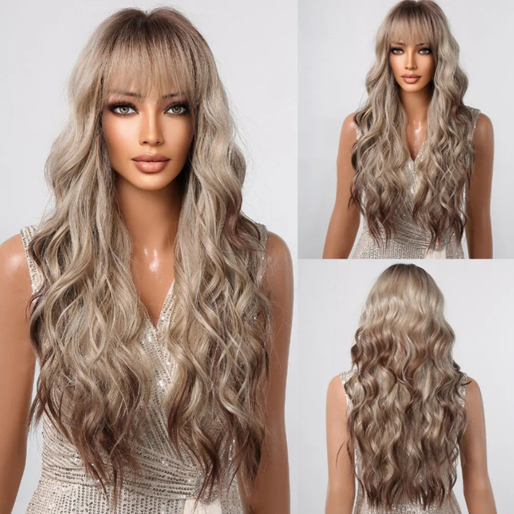28 Inch Long Curly Wig With Bangs Ombre Brown Hair Style Wigs For Women Highlight Blonde Synthetic Wig For Daily Party Heat Resistant