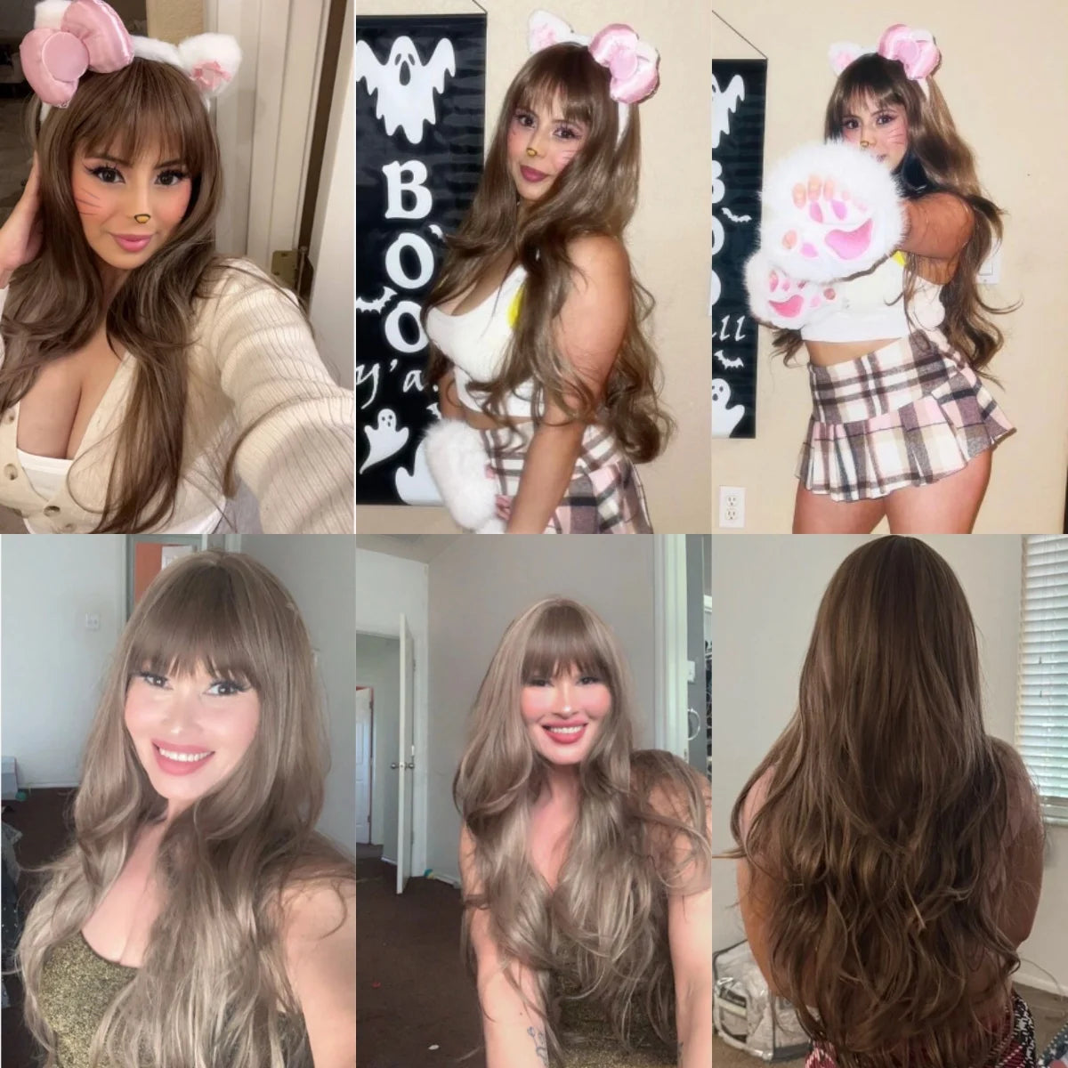 28 Inch Long Curly Wig With Bangs Ombre Brown Hair Style Wigs For Women Highlight Blonde Synthetic Wig For Daily Party Heat Resistant