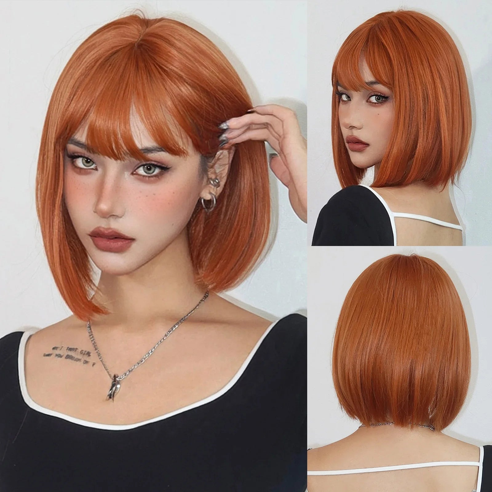 Short Straight Bob Synthetic Wigs Pink Natural Hair Wig with Bangs for Women Cosplay Cute Hair Style Heat Resistant Fiber