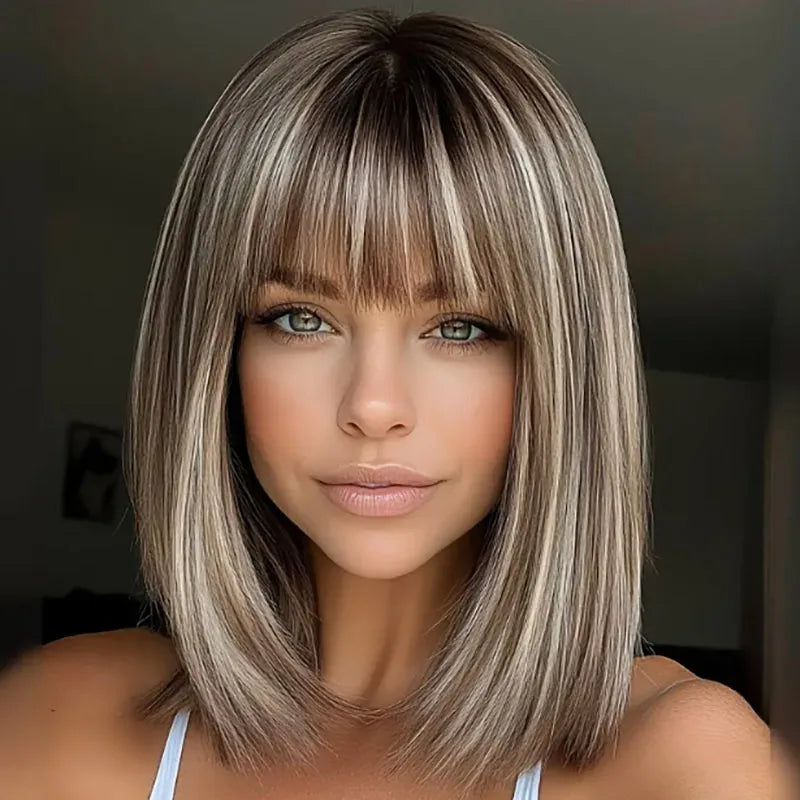 Highlight-Blended Brown Short Bob Cut Wig with Straight Bangs (Synthetic Fiber) - Perfect for Women's Hair Wigs Daily Wear, Parties, Celeb
