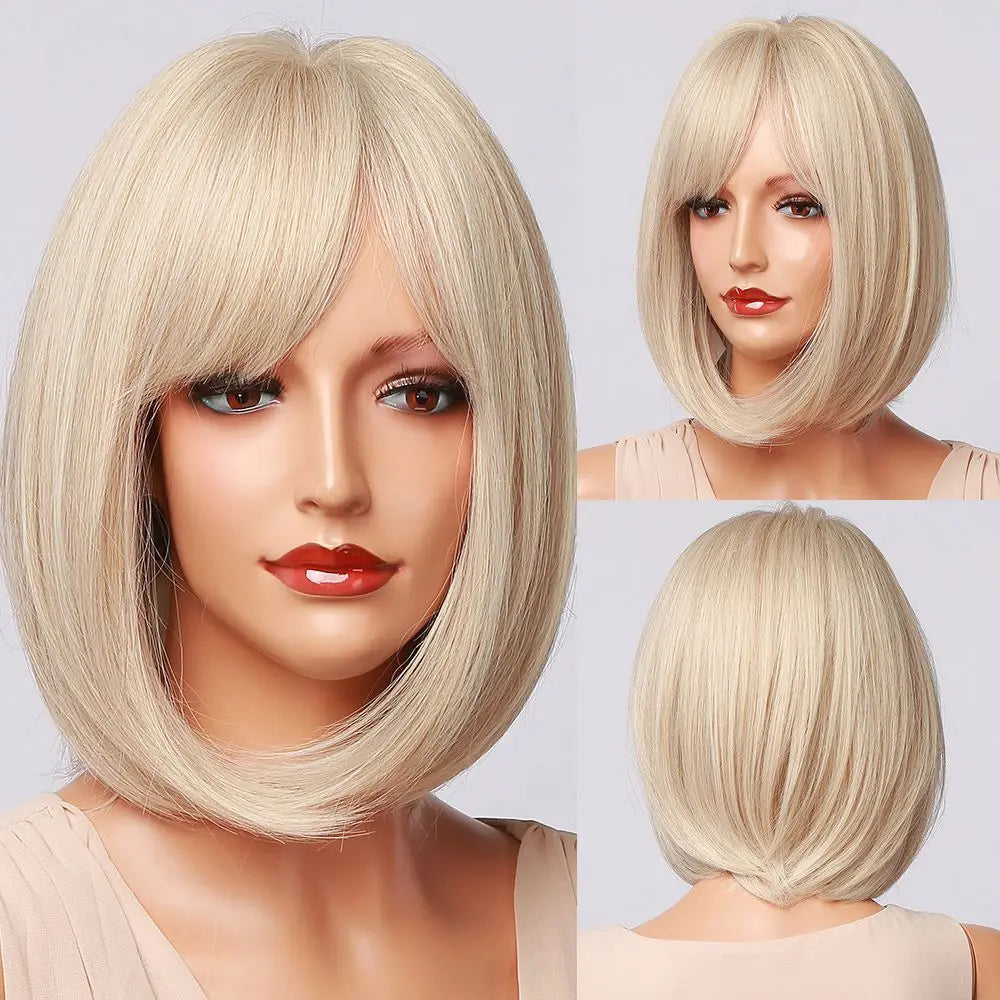 Short Bob Platinum Blonde Wig with Bangs Synthetic Natural Straight Blonde Hair Wigs for White Women Party Daily Heat Resistant Hair Style