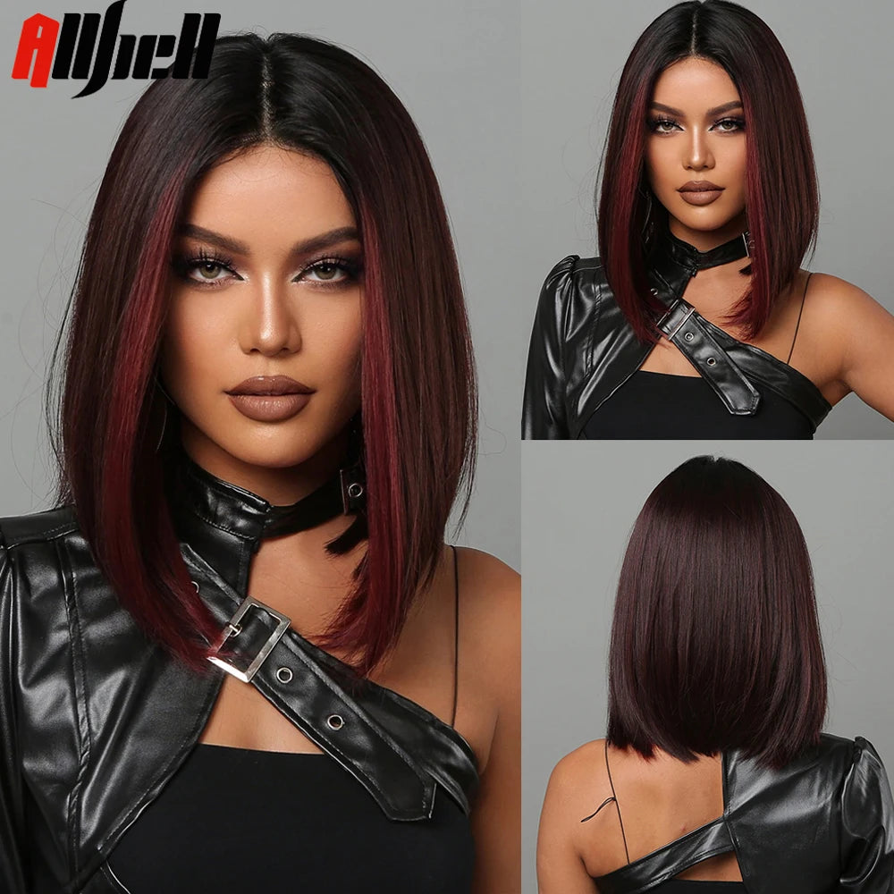 Medium Length Chestnut Brown Synthetic Wigs Hair Middle Part Wine Red Highlights Straight Wig Heat Resistant for Women Party Cosplay