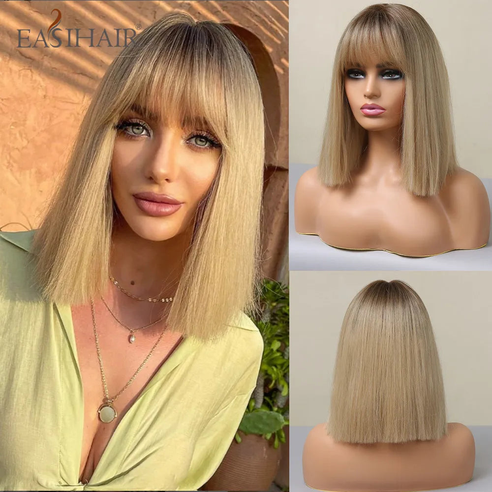 EASIHAIR Synthetic Bob Wig with Bang Short Straight Light Blonde Beige Natural Wigs Hair for Women Daily Cosplay Heat Resistant