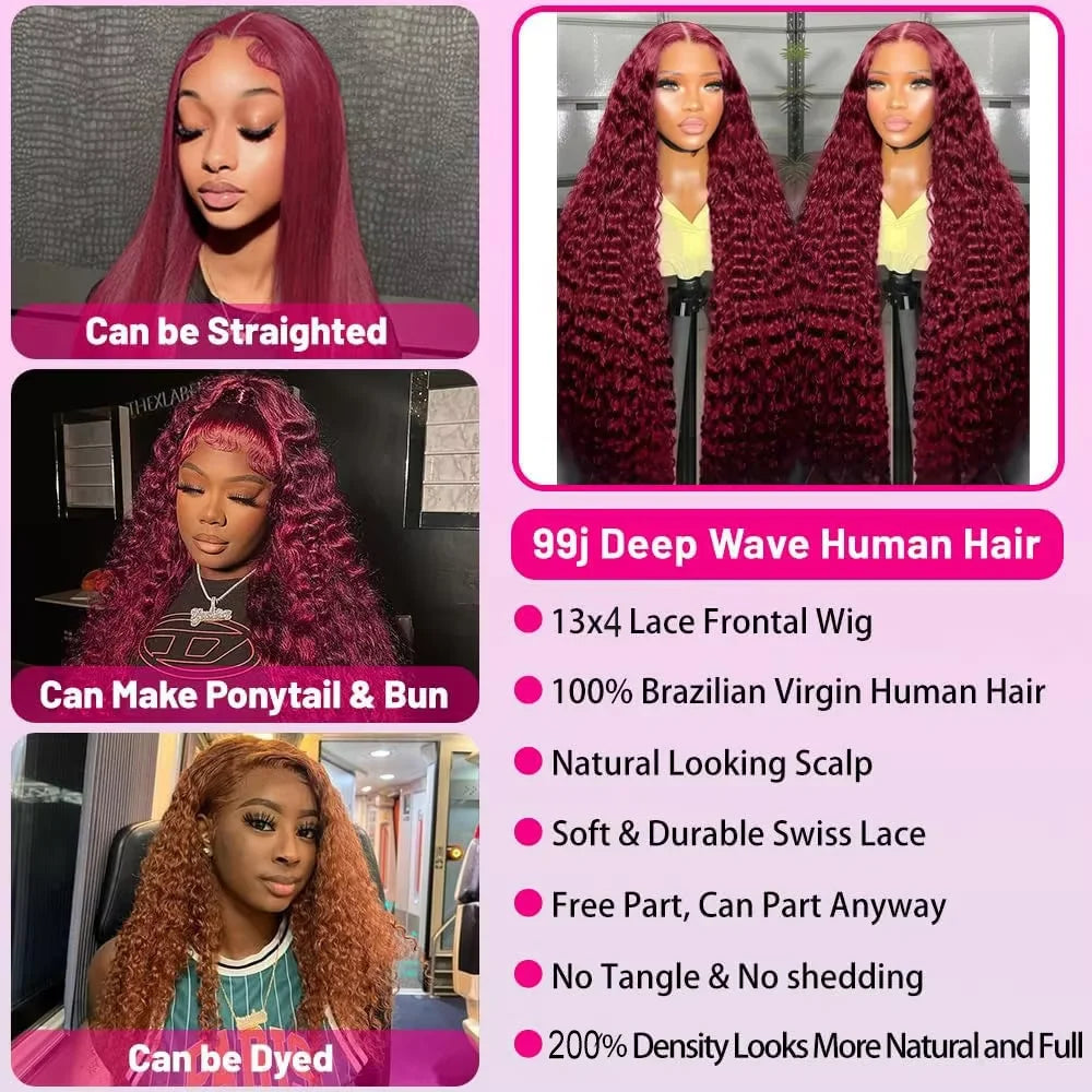 30 Inch Burgundy 99 Deep Wave Frontal Wig Colored Curly Human Hair Wigs 250% Density 13x4 13x6 HD Lace Frontal Human Hair Style Wigs