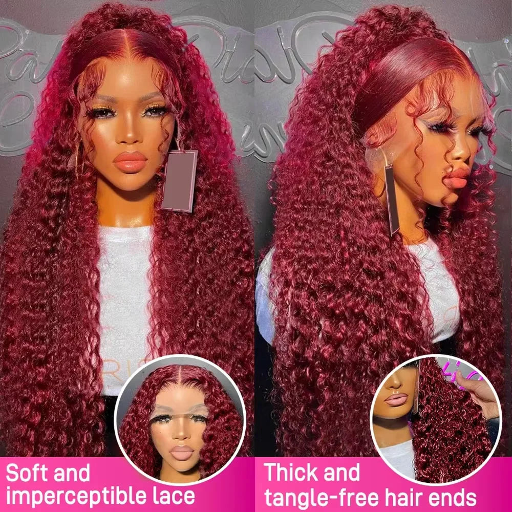 30 Inch Burgundy 99 Deep Wave Frontal Wig Colored Curly Human Hair Wigs 250% Density 13x4 13x6 HD Lace Frontal Human Hair Style Wigs