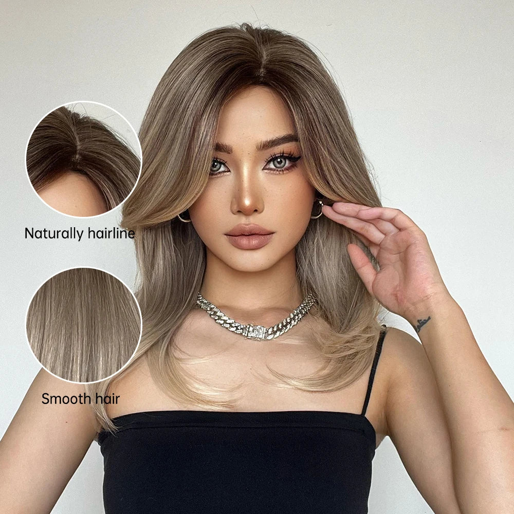ELEMENT Synthetic Wig Medium Wavy Hair Brown Mixed Blonde Wigs for Women Daily Party Cool Heat Resistant Breathable Headband, Hair style