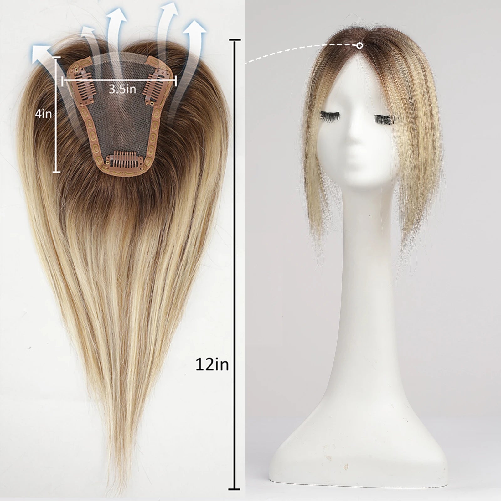 Blonde Ombre 100% Remy Human Hair Toppers Clips In Hair Lace Base Topper Hairpieces for Women Hair Extensions 12 Inch Straight