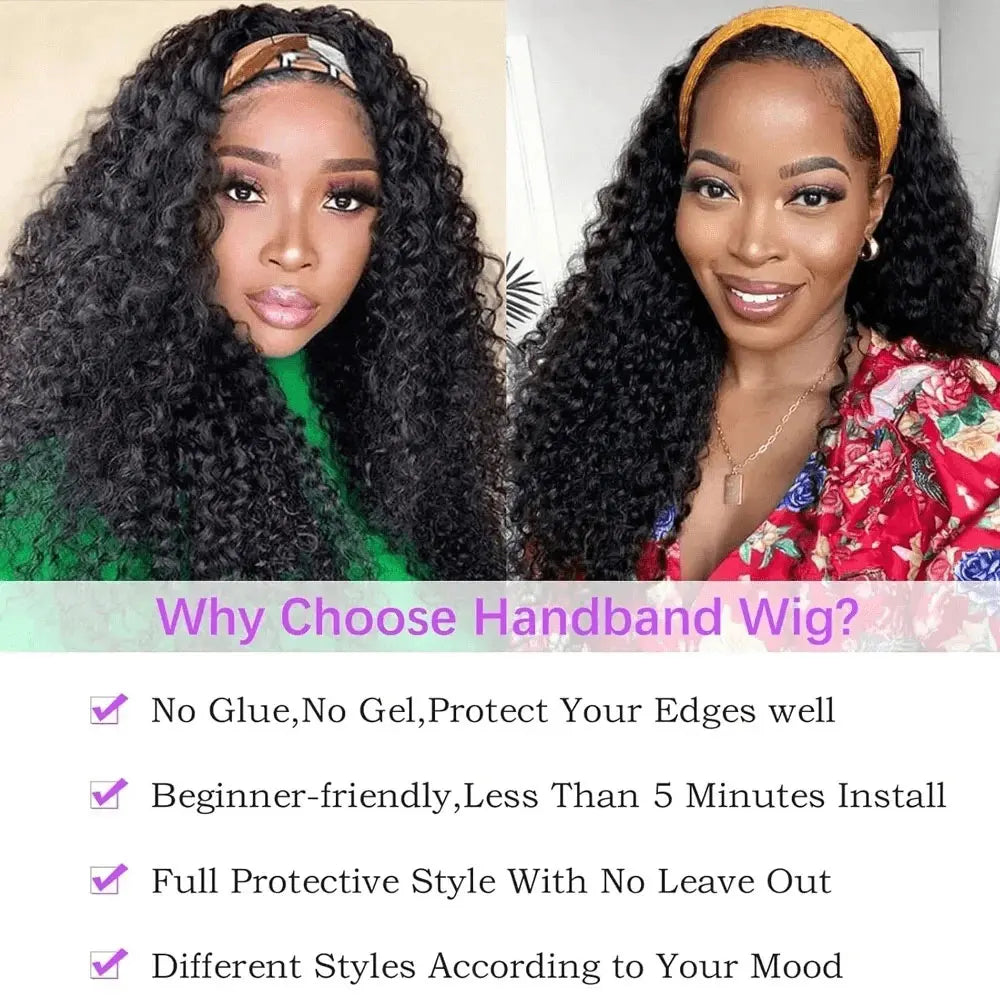250% Density Headband Wigs Human Hair For Women Deep Water Wave Natural Color Deep Wave Glueless Human Hair Wig  Human Hair