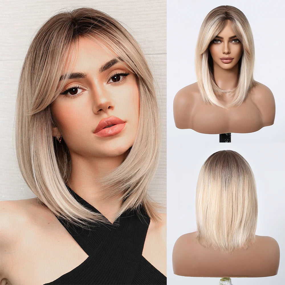 Brown Blonde Ombre Synthetic Hair Wigs Short Straight Bob Wig for Women Middle Part Lolita Cosplay Natural Hair Heat Resistant Fiber