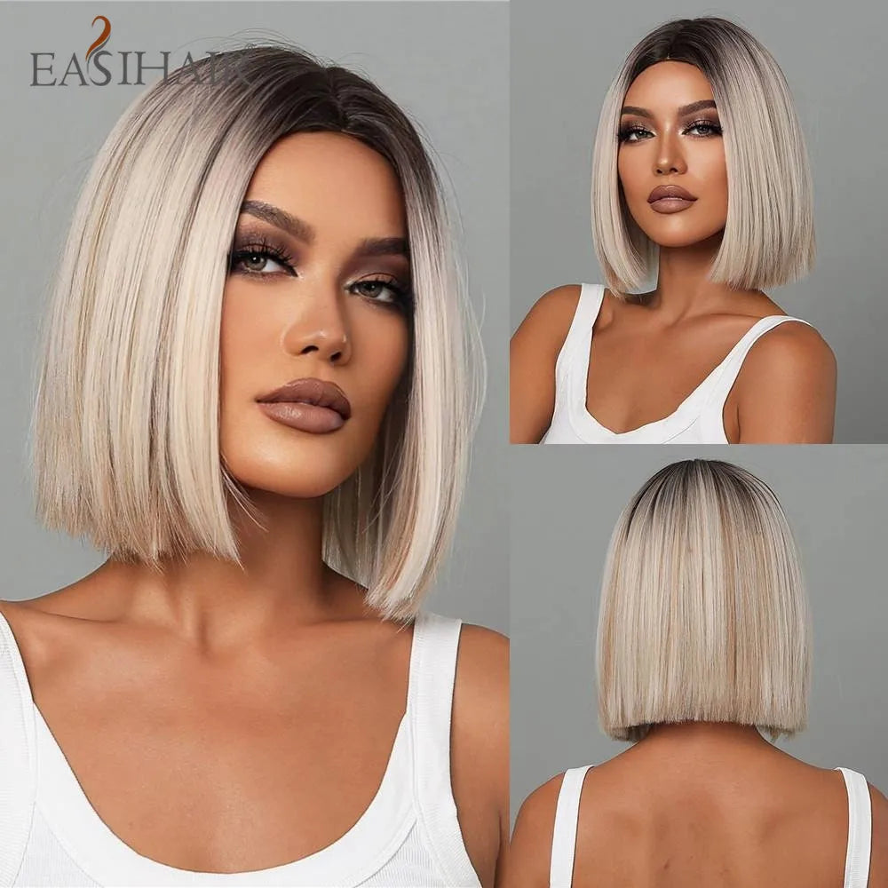 EASIHAIR Synthetic Bob Wig with Bang Short Straight Light Blonde Beige Natural Wigs Hair for Women Daily Cosplay Heat Resistant