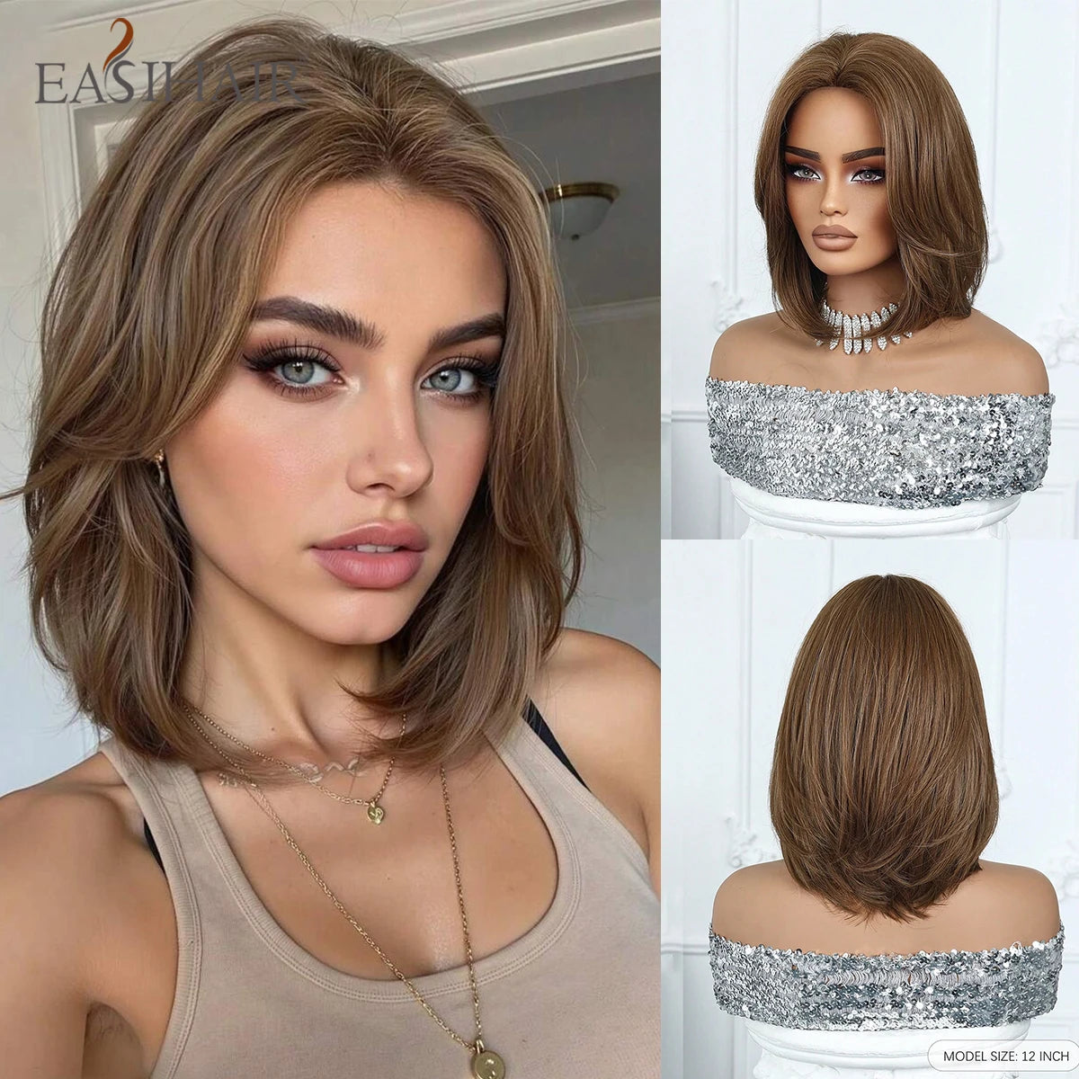 EASIHAIR Short Straight Bob Hair Wigs Synthetic Wig for Women Brown Straight Natural Wigs with Eight Character Daily Cosplay for Women Hair Style