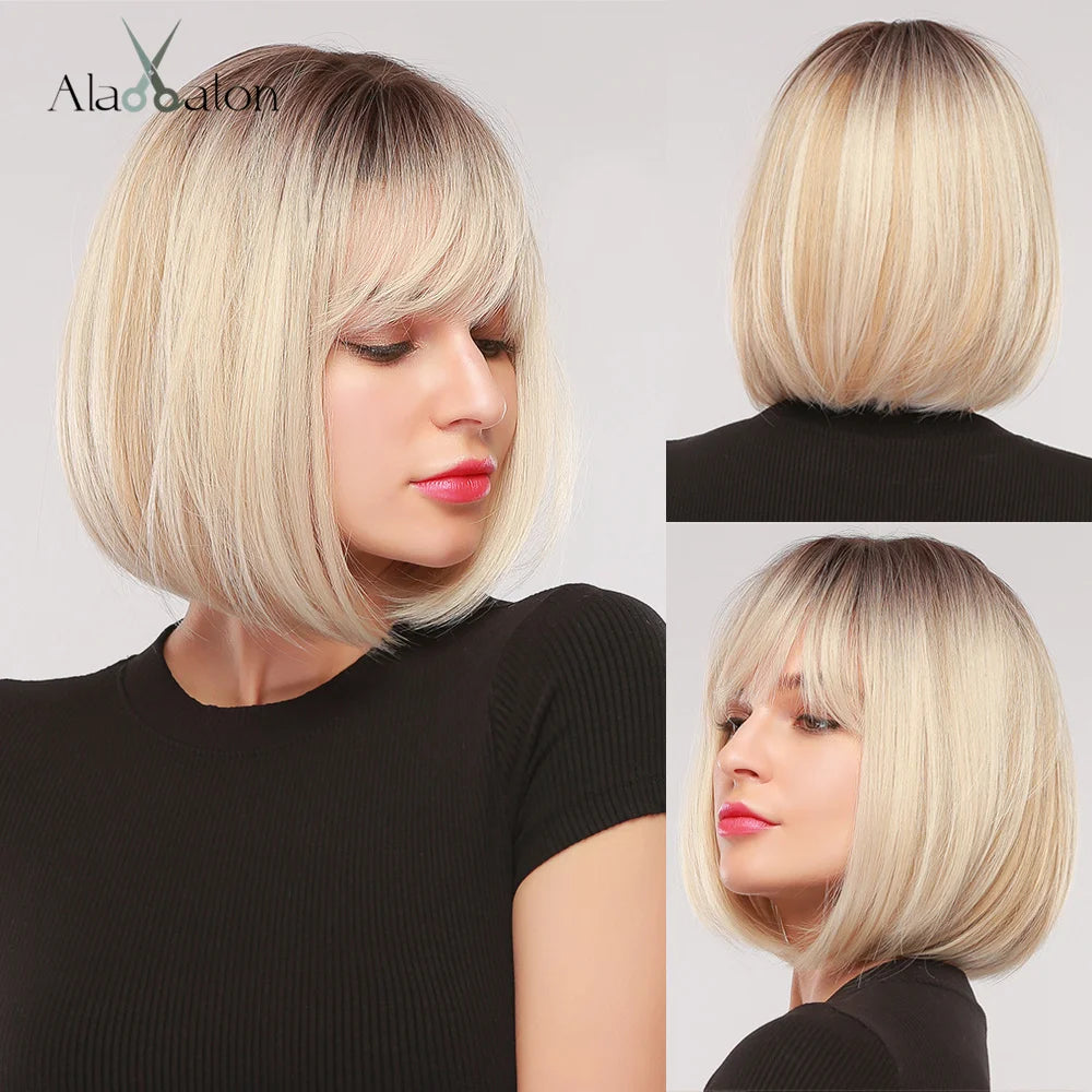 ALAN EATON Layered Synthetic Wig with Bangs Straight Short Highlights Blonde Hair Wigs with for Women Daily Use