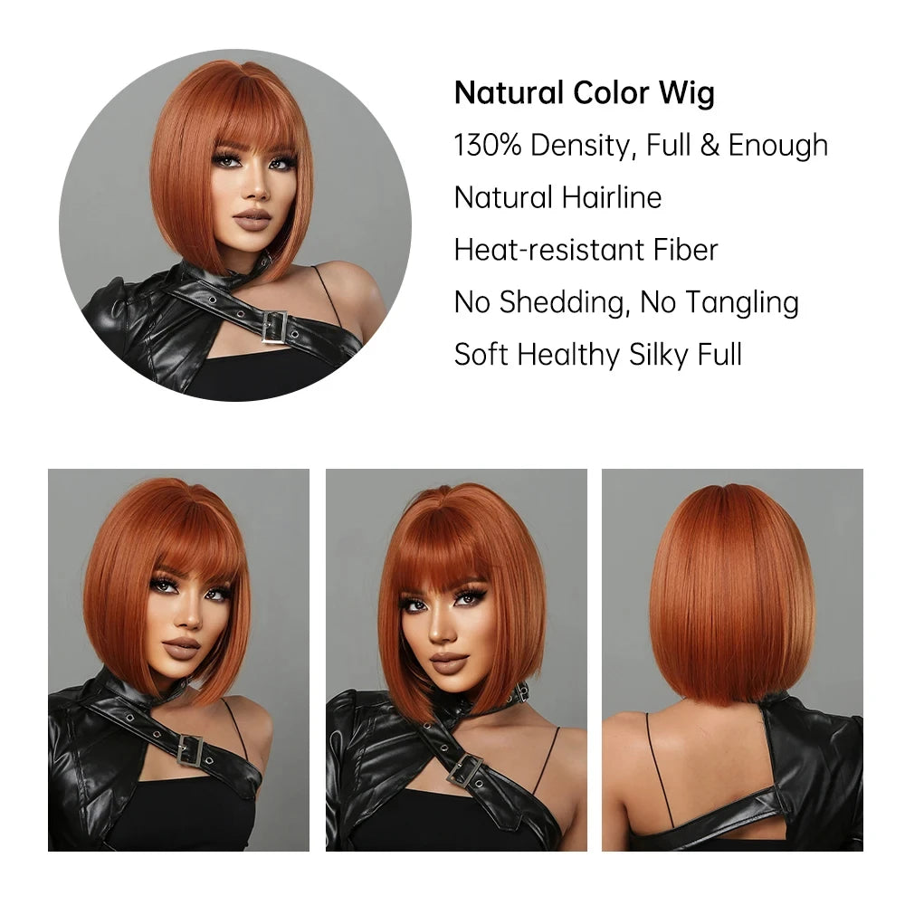 Short straight synthetic wig Ginger Brown Bob wigs with straight bangs Ladies Cosplay daily natural high temperature silk wigs