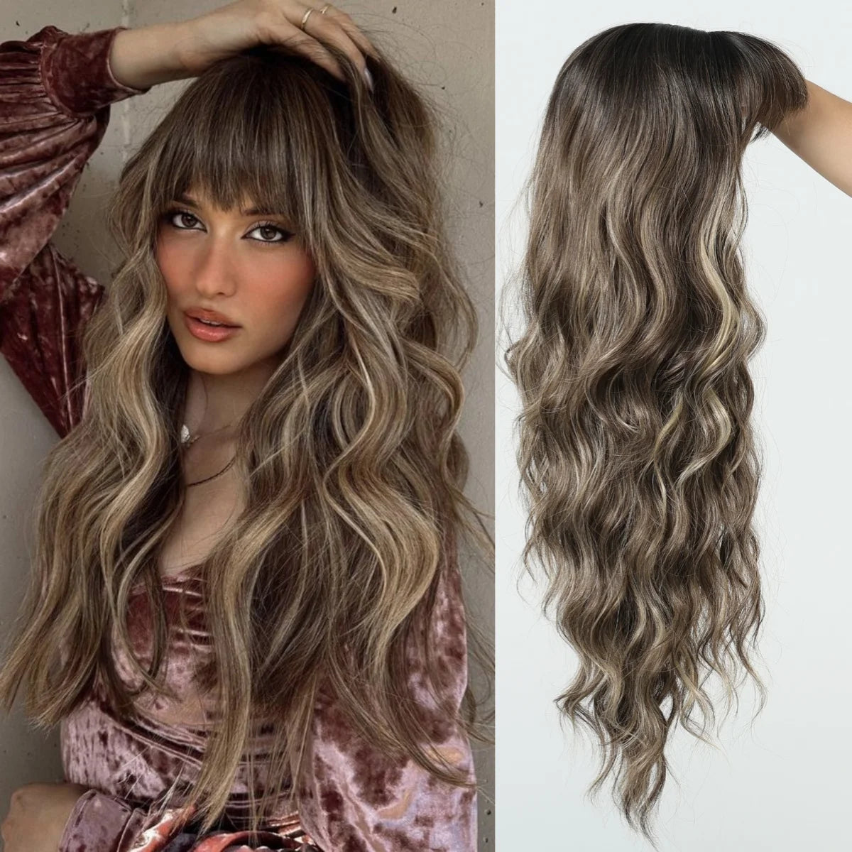 28 Inch Long Curly Wig With Bangs Ombre Brown Hair Style Wigs For Women Highlight Blonde Synthetic Wig For Daily Party Heat Resistant