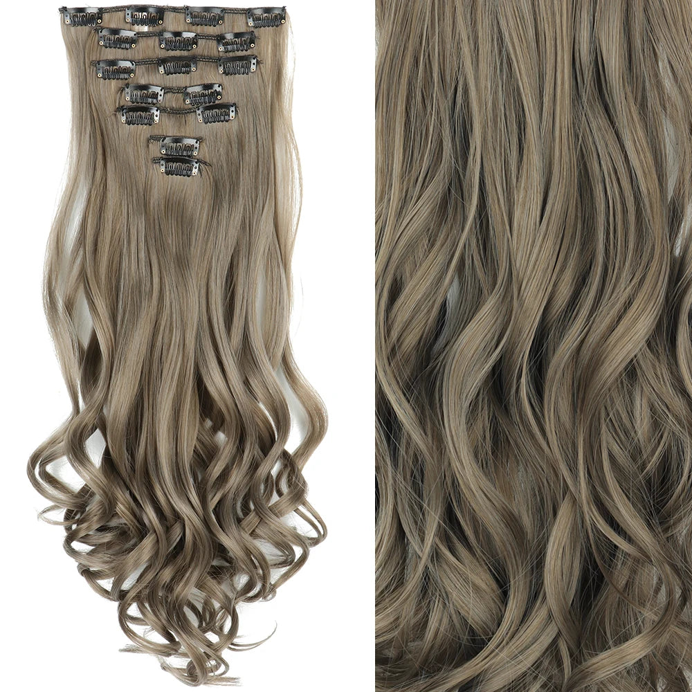 7Pcs/Set 16 Clips Wig Hair Accessories Extension Black Long Straight Natural Hair Wigs Ombre Hairpiece Heat Resistant Fiber For Women Hair Style