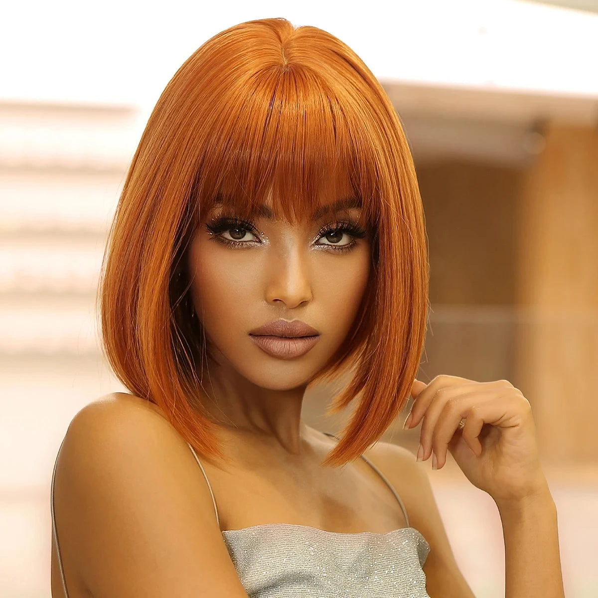 Short straight synthetic wig Ginger Brown Bob wigs with straight bangs Ladies Cosplay daily natural high temperature silk wigs