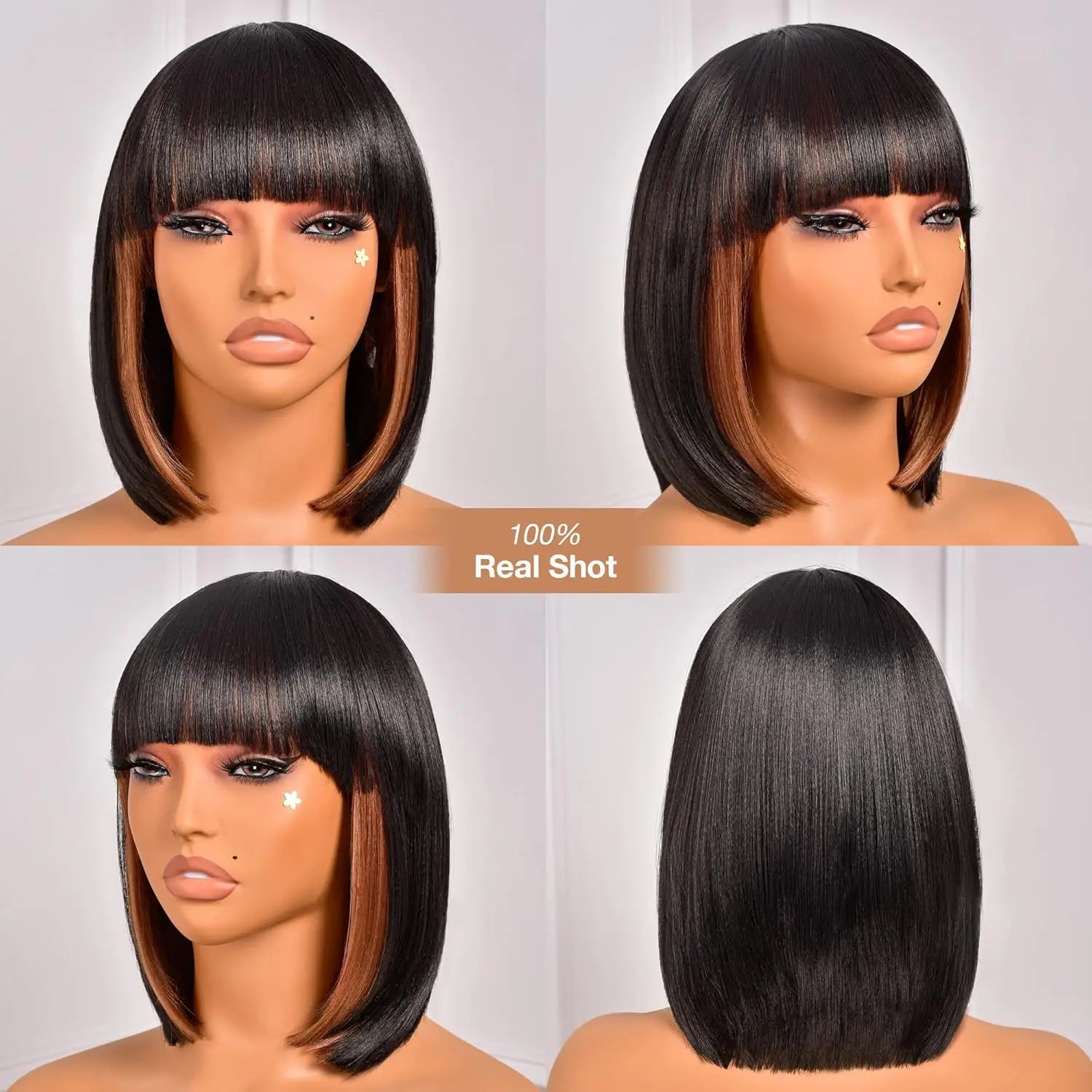 Bob Wig with Bangs- 12inch Black Women's Short Bob Hair Wigs Black Mixed Brown Daily Wear Wig, Light Color Yak Straight Synthetic Wig Heat Resistant