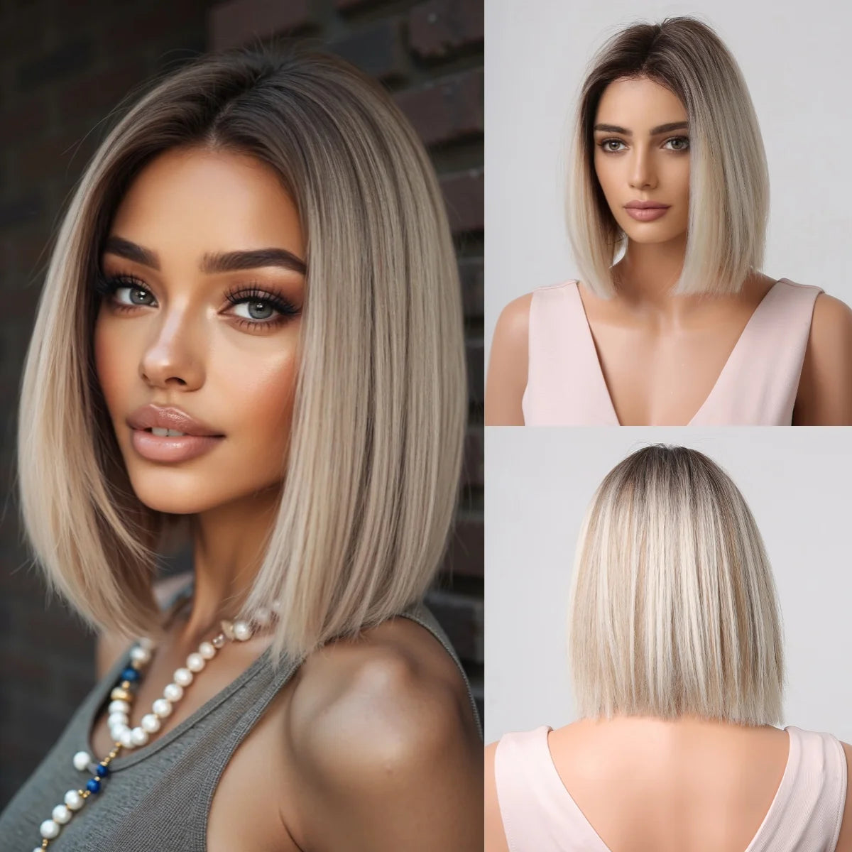 Brown Blonde Ombre Synthetic Hair Wigs Short Straight Bob Wig for Women Middle Part Lolita Cosplay Natural Hair Heat Resistant Fiber