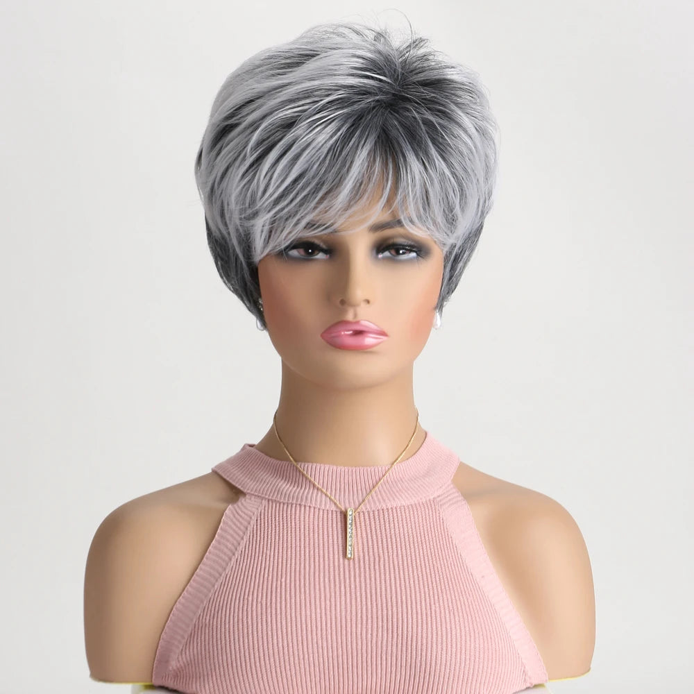 Short Natural Wigs with Bangs Soft Mommy Hair Daily Use Short  Grey Ombre Curly Synthetic Hair Costume Party Wig for Women