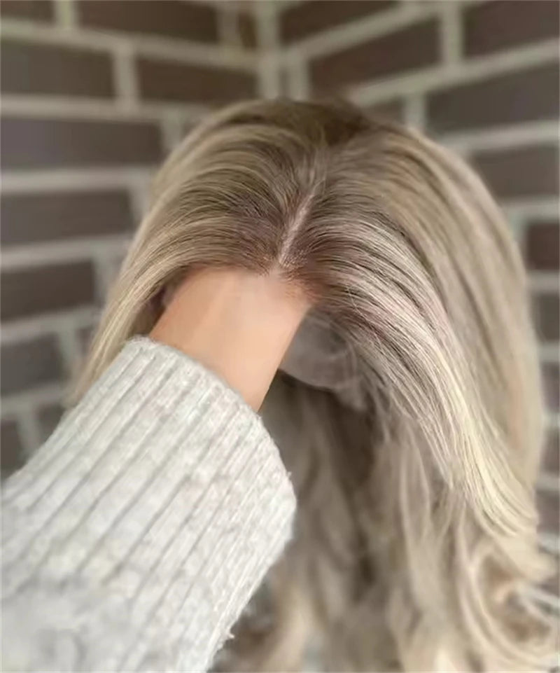 Invisible Transparent Lace Ombre Platinum Blonde Wig with Dark Roots Party Wigs Lace Front Wig Synthetic HD Wigs For Women 20 inch